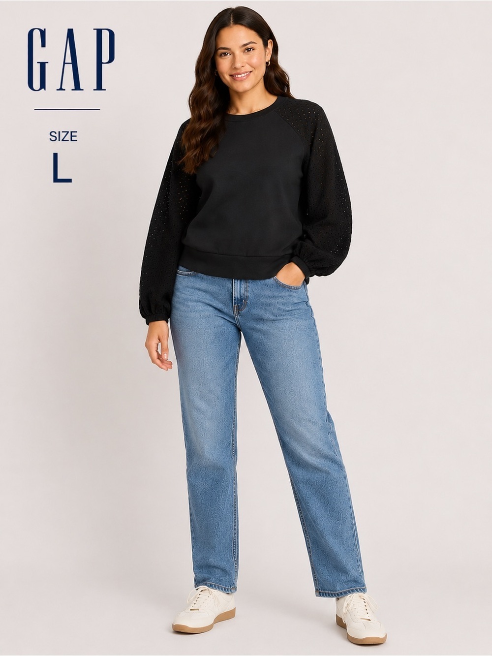 GAP Black Eyelet Sleeve Sweatshirt Size L Casual Chic Pullover